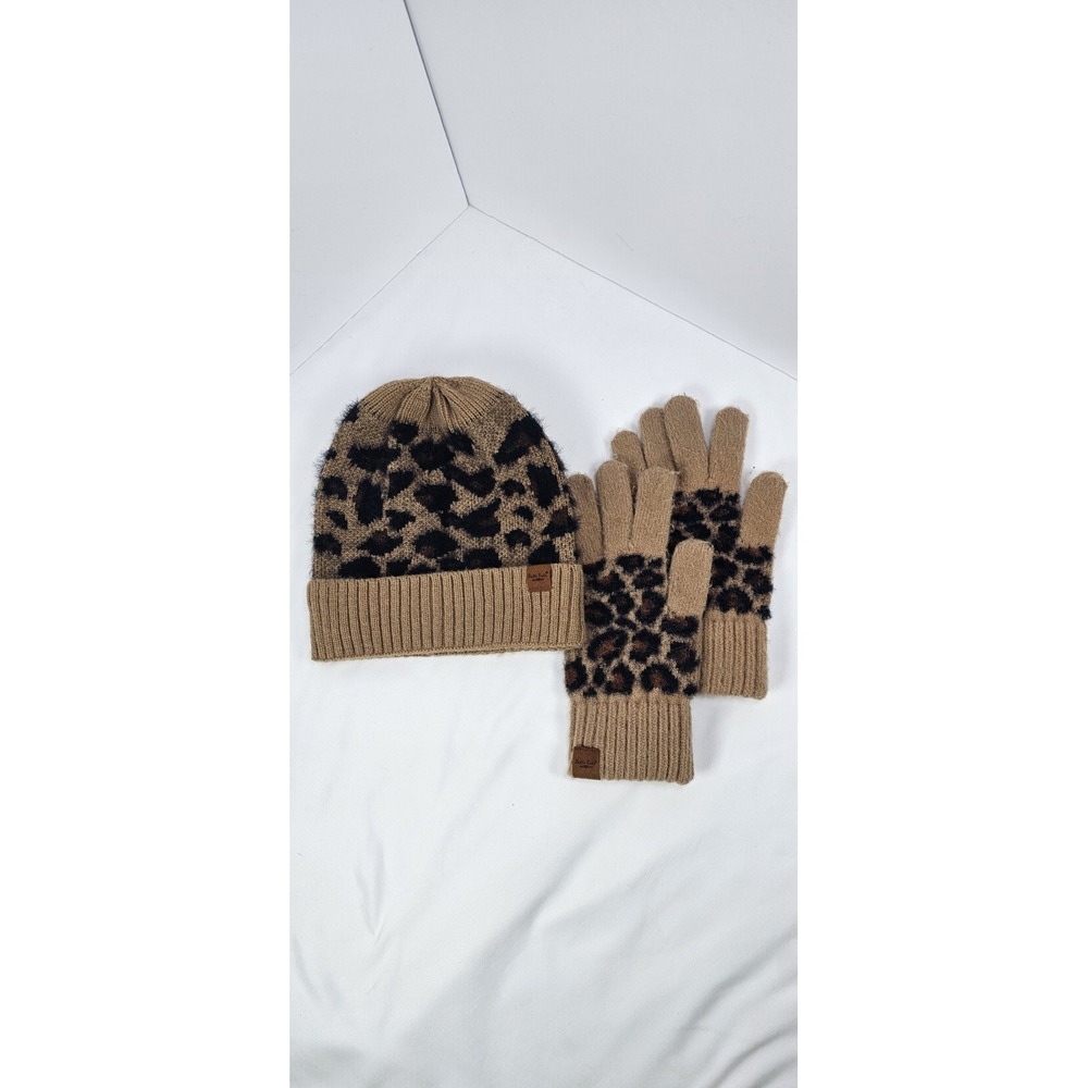 Britts Knits Leopard Print Beanie Hat & Gloves Set Tan Brown Winter Womens